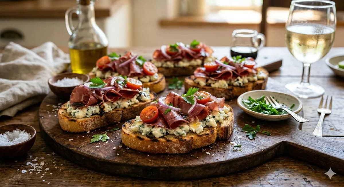 Bruschetta with beef prosciutto and gorgonzola