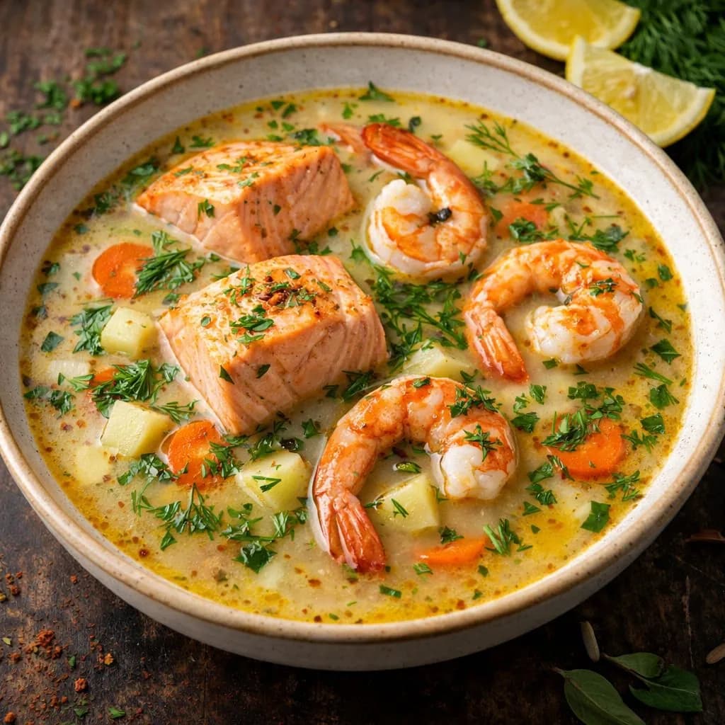 Soup with salmon and prawns